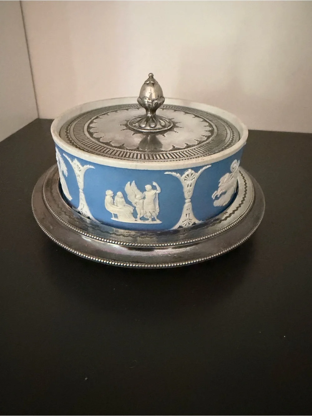 Antique Wedgwood Light Blue Jasperware Lidded Butter Dish w/ Silverplate Stand
